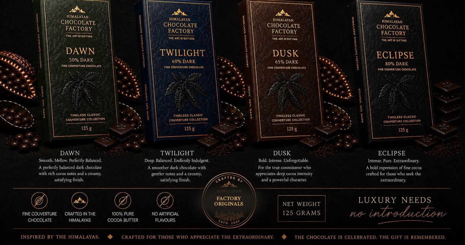 Himalayan Chocolate Factory Nainital Couverture Collection - Dawn 50% Dark, Twilight 60% Dark, Dusk 65% Dark, Eclipse 80% Dark premium chocolate bars with artisan truffles and Factory Originals seal